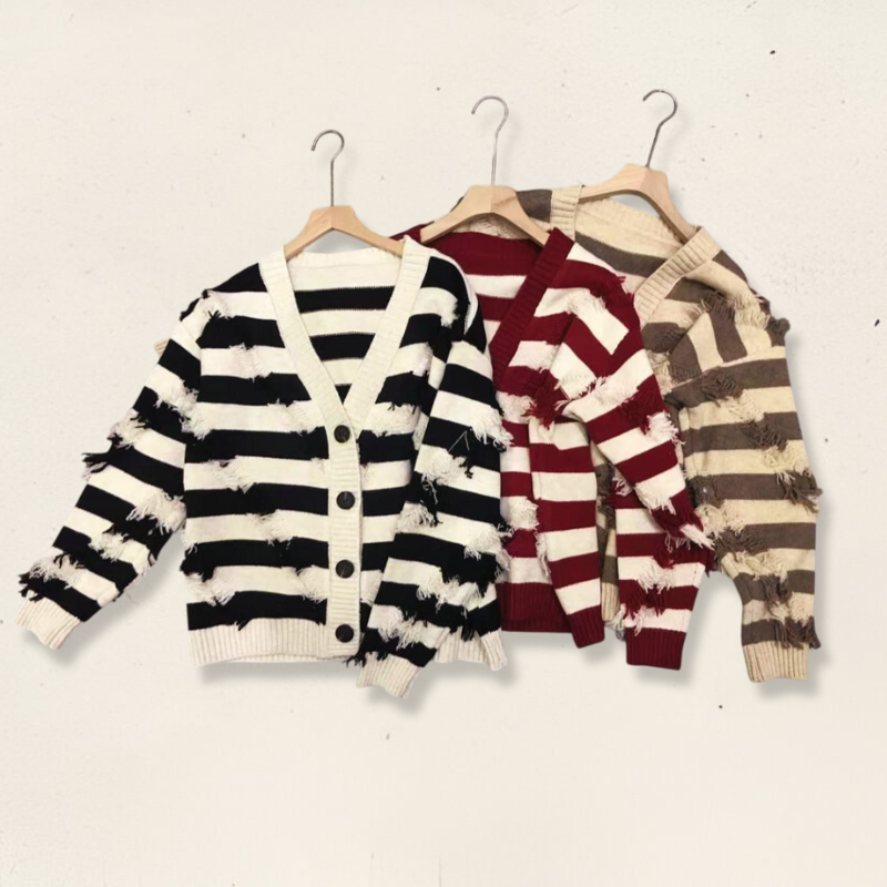 ژاکت بافت جلو دکمه راه راه ژاکت بافت جلو دکمه راه راه - تصویر 1